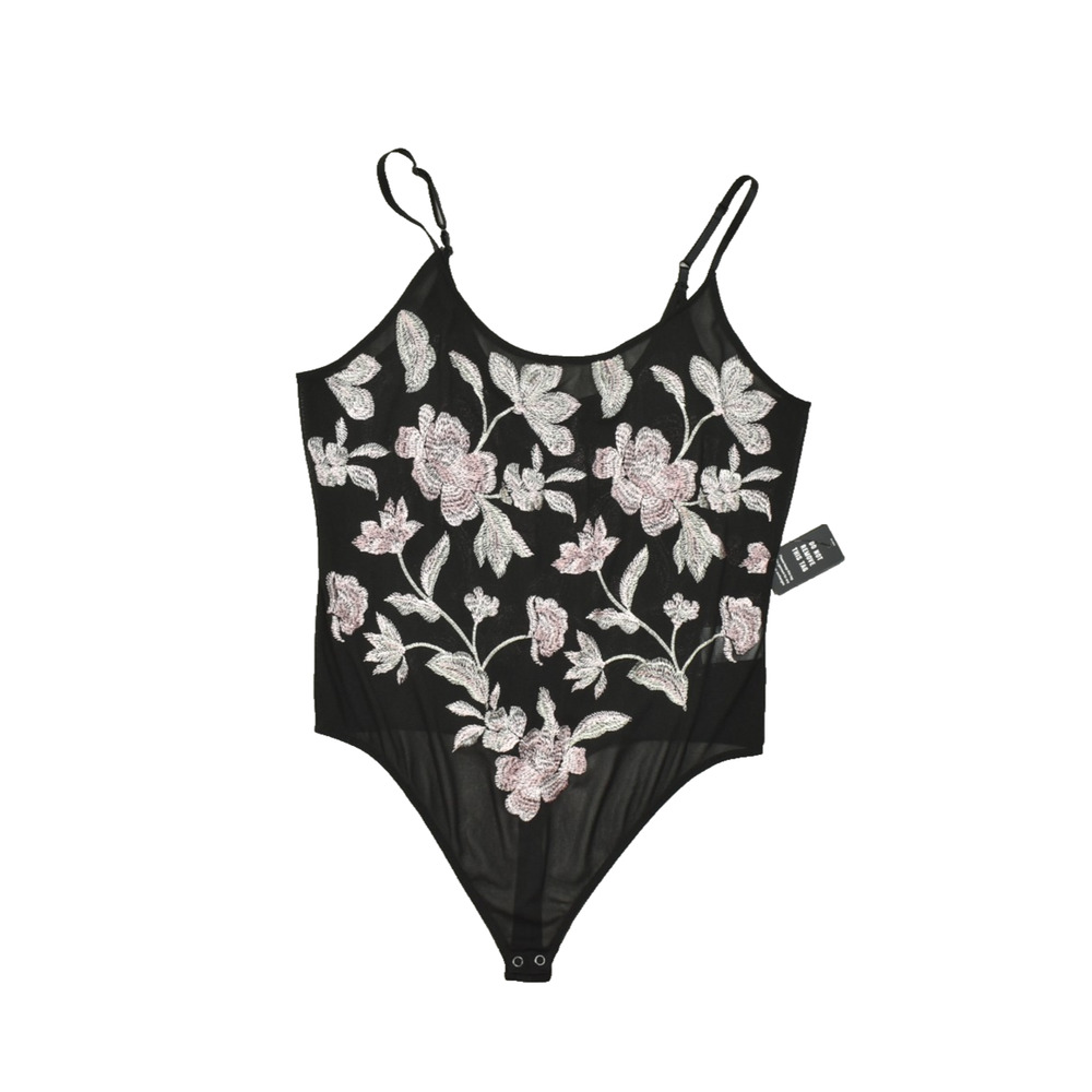 Express Black Mesh Floral Embroidered Bodysuit